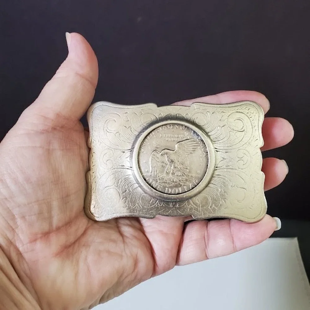 Vintage 1972 Eisenhower Dollar Coin Belt Buckle Nickel Silver Western Engraved
